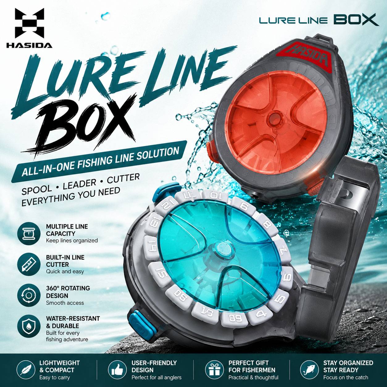 Fishing Line Dispenser - กล่องเก็บสายเบ็ด HASIDA พร้อมที่ตัดสายเบ็ดแบบพกพา ที่จัดเก็บสายเบ็ดสำหรับตกปลา กล่องเก็บอุปกรณ์ตกปลาขนาดเล็ก พร้อมห่วงแขวน