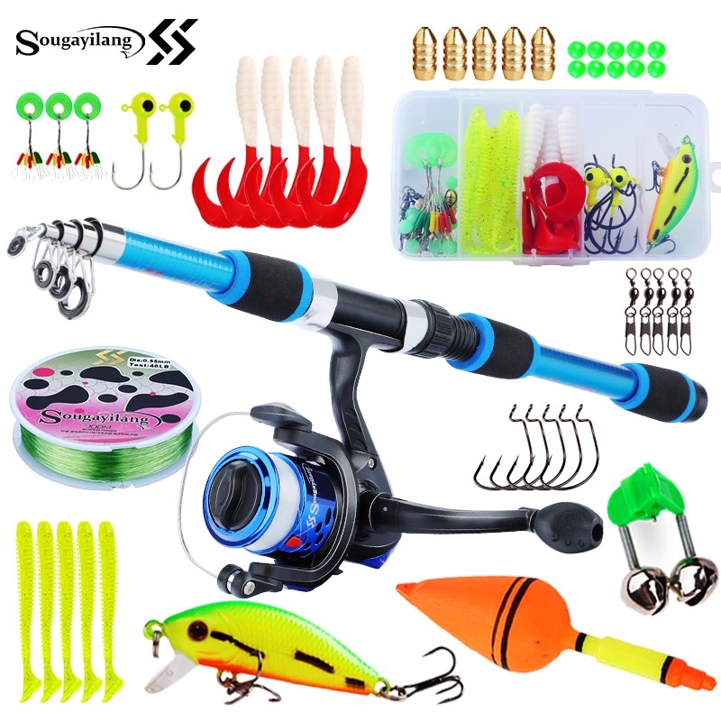 Freshwater Line - Sougayilang เด็กตกปลาชุดเสาชุดเต็มพร้อมคันเบ็ดยืดไสลด์และ Spinning Reel เหยื่อตะขอน้ําเค็ม Travel